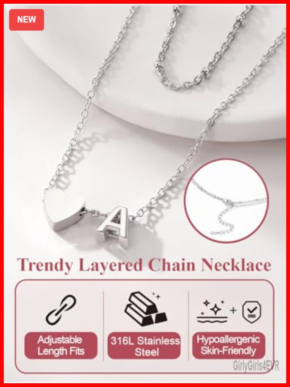 Layered Initial Necklace, 14K Gold Plated Choker, Personalized Heart Pendant - Picture 3 of 6